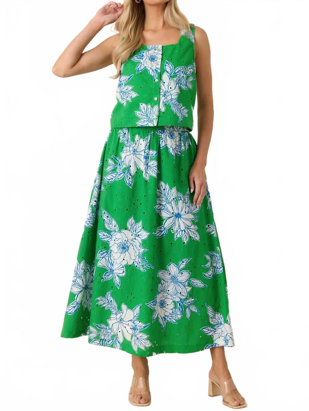 NEW ENTRO eyelet skirt set in green/blue